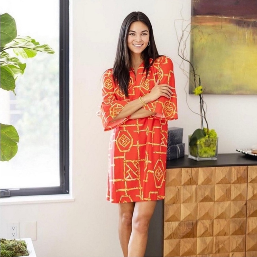 Jude Connally Kerry Bamboo Print
Stretch V-Neck 3/4 Bell Sleeve
Waistless Dress